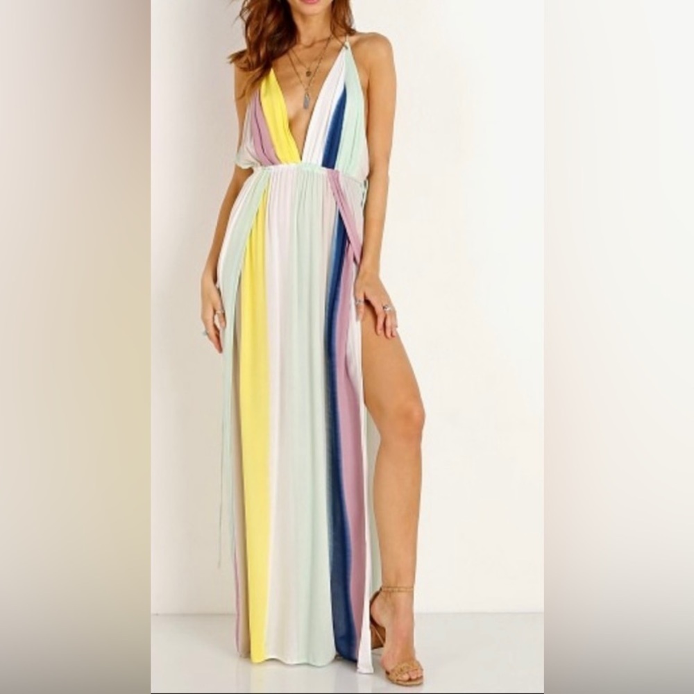 Indah River Maxi Dress Stripe Tropical Slit NEW - Picture 3 of 7